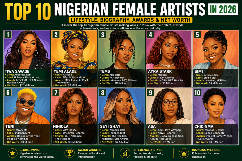 Top 10 Nigerian Female Artists in 2026: Lifestyle, Biography, Awards & Net Worth
